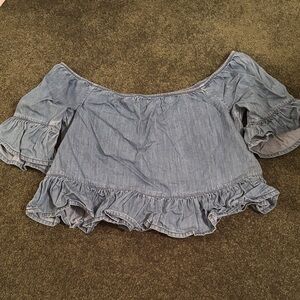 bebe Light Blue Off-Shoulder Ruffle Denim Crop Top